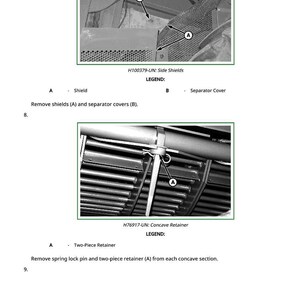 May include: Diagram of agricultural machinery components, including side shields and a concave retainer. The image includes labels and instructions for removing parts. The text includes the part numbers H100379-UN and H76917-UN.