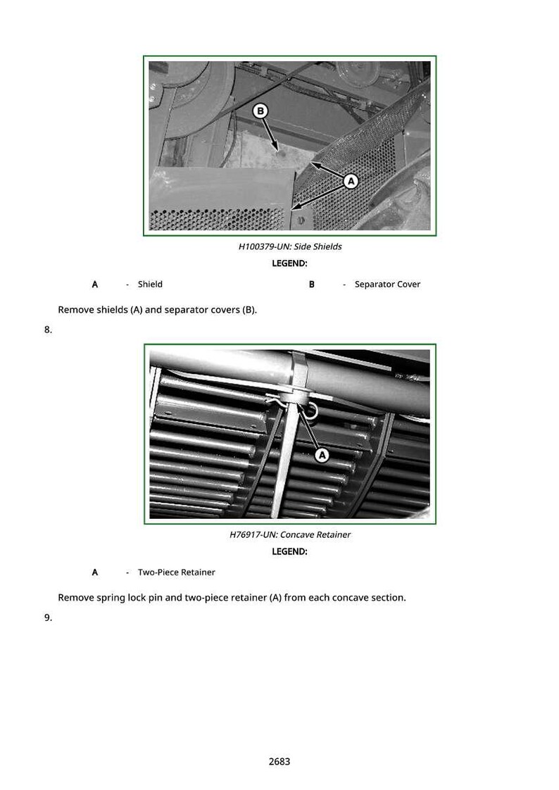 May include: Diagram of agricultural machinery components, including side shields and a concave retainer. The image includes labels and instructions for removing parts. The text includes the part numbers H100379-UN and H76917-UN.