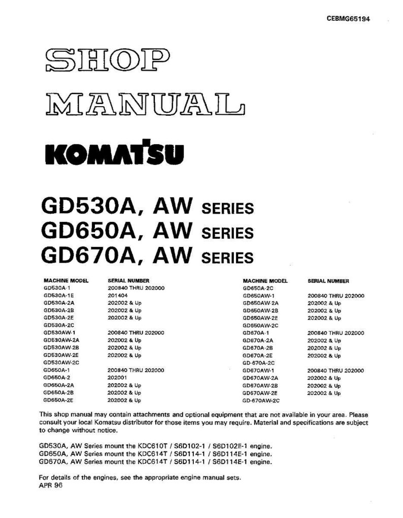 May include: Shop manual for Komatsu GD530A, GD650A, and GD670A AW series. Includes machine models, serial numbers, and engine details. Published April 1996.
