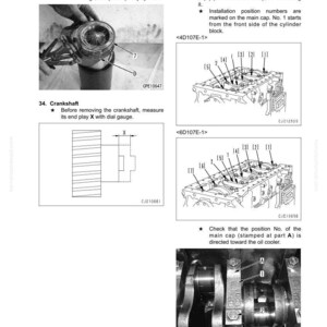 May include: Technical diagram from the 107E-1 Series, showing engine disassembly and assembly instructions. Includes diagrams of crankshaft measurements, main cap bolt locations, and piston ring removal procedures.