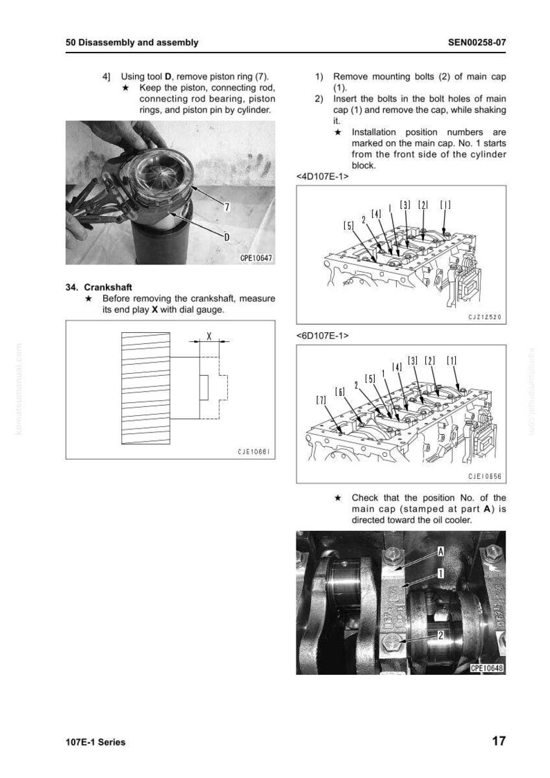 May include: Technical diagram from the 107E-1 Series, showing engine disassembly and assembly instructions. Includes diagrams of crankshaft measurements, main cap bolt locations, and piston ring removal procedures.
