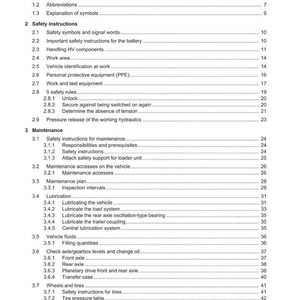 May include: A detailed table of contents from a repair manual, featuring sections on safety instructions, maintenance, and engine components. The document includes headings and subheadings, with page numbers.