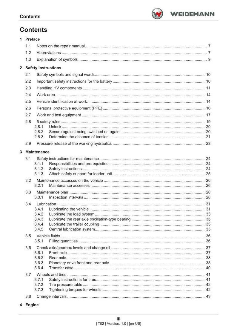 May include: A detailed table of contents from a repair manual, featuring sections on safety instructions, maintenance, and engine components. The document includes headings and subheadings, with page numbers.