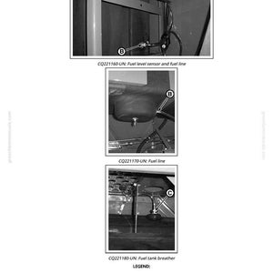 May include: Black and white diagrams of fuel system components, including a fuel level sensor, fuel line, and fuel tank breather. The diagrams are labeled with letters and text for identification. The text "CQ221160-UN: Fuel level sensor and fuel line" is visible.