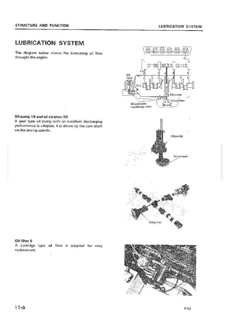 May include: Diagram illustrating an engine's lubrication system, detailing oil flow, oil pump, oil strainer, and oil filter. Text includes "LUBRICATION SYSTEM" and component descriptions.