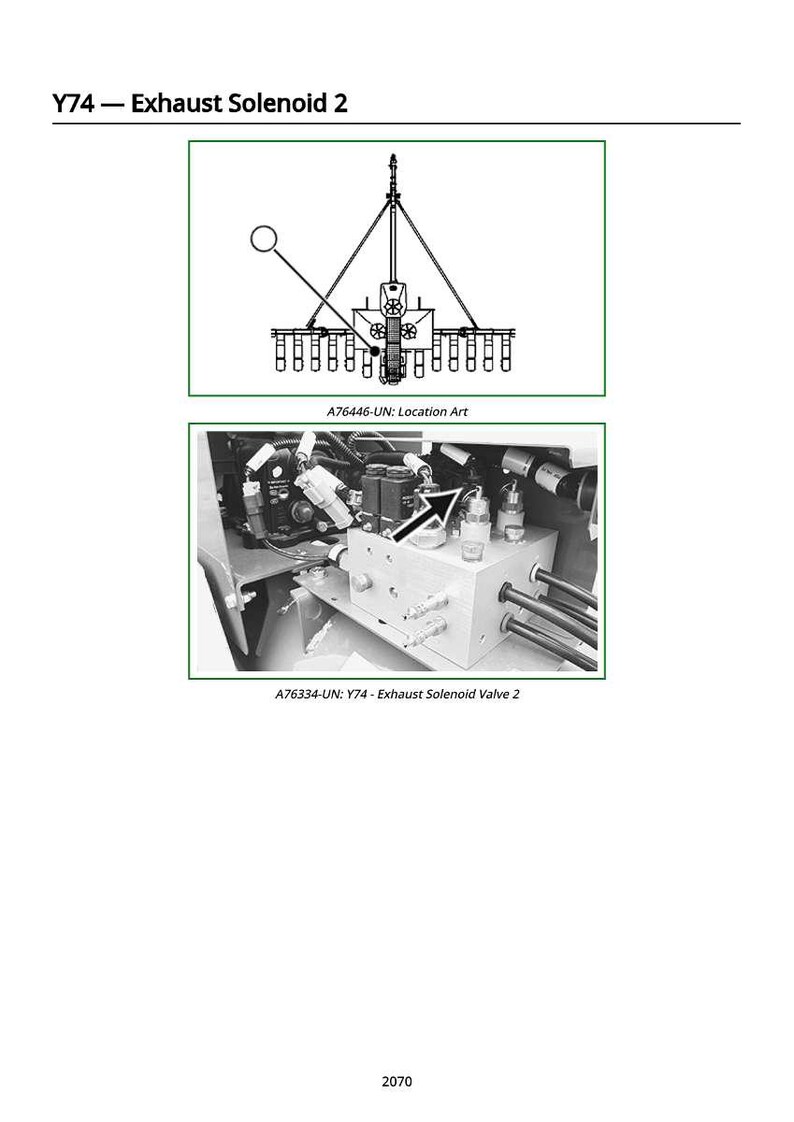 Op de afbeelding: Afbeelding van een uitlaatmagneetventiel, met een diagram en een foto. Het diagram is een schema met labels. De foto toont de klepconstructie met buizen en componenten. Tekst bevat "Y74 - Exhaust Solenoid 2" en onderdeelnummers.