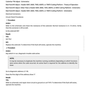 Pu&ograve; includere: Documento tecnico intitolato "LC1 001525.06 - Elettrovalvola di richiamo bobina (cc# 7419) &egrave; SPENTO quando comandato ON dall'unit&agrave; di controllo LC1". Include schemi, procedure e passaggi per la risoluzione dei problemi.