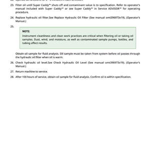 Puede incluir: Una p&aacute;gina de instrucciones para el mantenimiento de maquinaria, con pasos numerados. El texto detalla los procedimientos de operaci&oacute;n, el reemplazo del filtro de aceite y el an&aacute;lisis de fluidos. Una nota enfatiza la importancia de la limpieza.