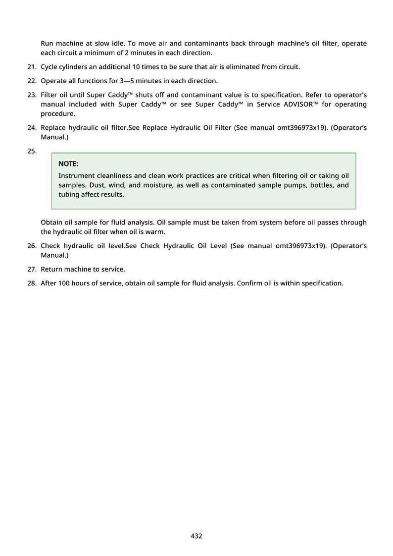 Puede incluir: Una p&aacute;gina de instrucciones para el mantenimiento de maquinaria, con pasos numerados. El texto detalla los procedimientos de operaci&oacute;n, el reemplazo del filtro de aceite y el an&aacute;lisis de fluidos. Una nota enfatiza la importancia de la limpieza.