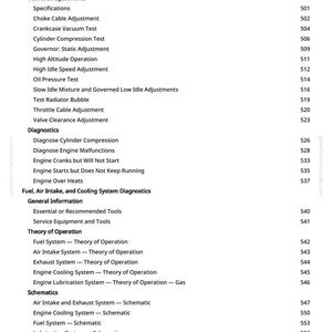 Puede incluir: Una p&aacute;gina de manual con un &iacute;ndice para el diagn&oacute;stico y la reparaci&oacute;n de motores de gasolina. El texto incluye secciones sobre pruebas, ajustes y esquemas.