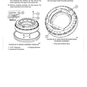 Puede incluir: Diagrama t&eacute;cnico de desmontaje del conjunto de freno y barras de retenci&oacute;n del engranaje anular. La imagen incluye ilustraciones detalladas de piezas como tornillos de cabeza, arandelas y soportes de env&iacute;o. Las etiquetas de texto identifican cada componente. El diagrama es para desmontaje y montaje.