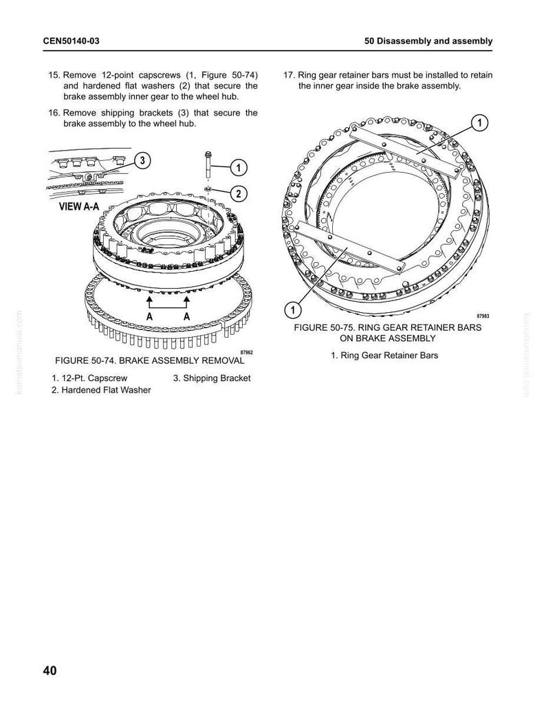 Puede incluir: Diagrama t&eacute;cnico de desmontaje del conjunto de freno y barras de retenci&oacute;n del engranaje anular. La imagen incluye ilustraciones detalladas de piezas como tornillos de cabeza, arandelas y soportes de env&iacute;o. Las etiquetas de texto identifican cada componente. El diagrama es para desmontaje y montaje.