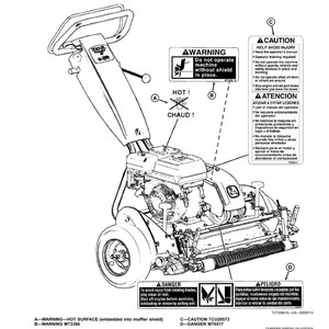 May include: Detailed diagram of a lawn mower, featuring safety labels with text in English and French. Warnings are displayed about hot surfaces, rotating blades, and operating the machine without a shield. The mower has a handle, wheels, and an engine.