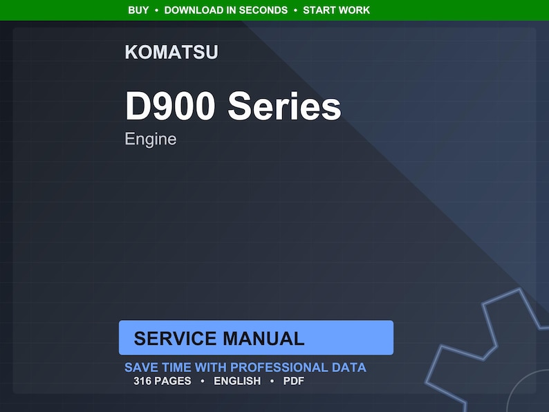 Może przedstawiać: Cyfrowy obraz instrukcji serwisowej silnika Komatsu D900 Series. Tytuł jest dużym białym tekstem, z logo Komatsu u g&oacute;ry. Okładka instrukcji jest ciemnoniebieska z niebieskim prostokątem z napisem "SERVICE MANUAL".