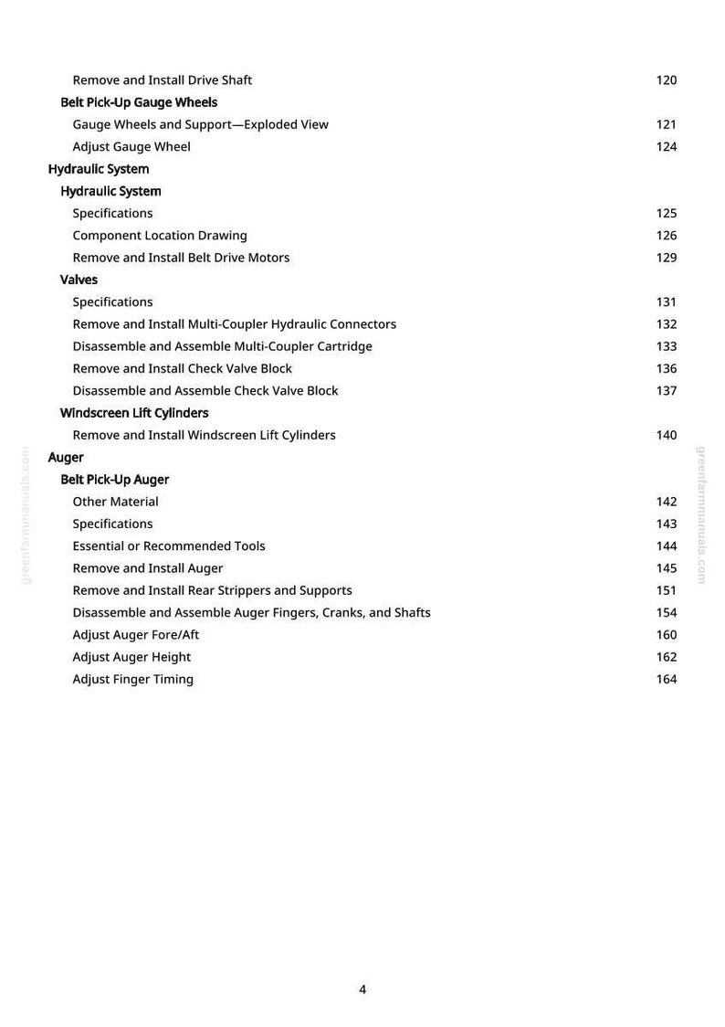 Puede incluir: Una p&aacute;gina blanca con un &iacute;ndice detallado de un manual. El texto incluye secciones sobre ejes de transmisi&oacute;n, ruedas de medici&oacute;n, sistemas hidr&aacute;ulicos, v&aacute;lvulas, cilindros de elevaci&oacute;n de parabrisas y sinfines. Los n&uacute;meros de p&aacute;gina se enumeran a la derecha.