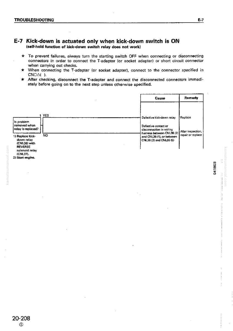 May include: A troubleshooting page from a manual, with the title "E-7 Kick-down is actuated only when kick-down switch is ON." The page includes instructions, a flowchart, and a table detailing causes and remedies for issues.