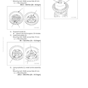 May include: Diagrams illustrating the disassembly and assembly of mechanical components. The image includes detailed drawings of parts, with measurements in millimeters and torque specifications in Newton-meters and kilogram-meters.