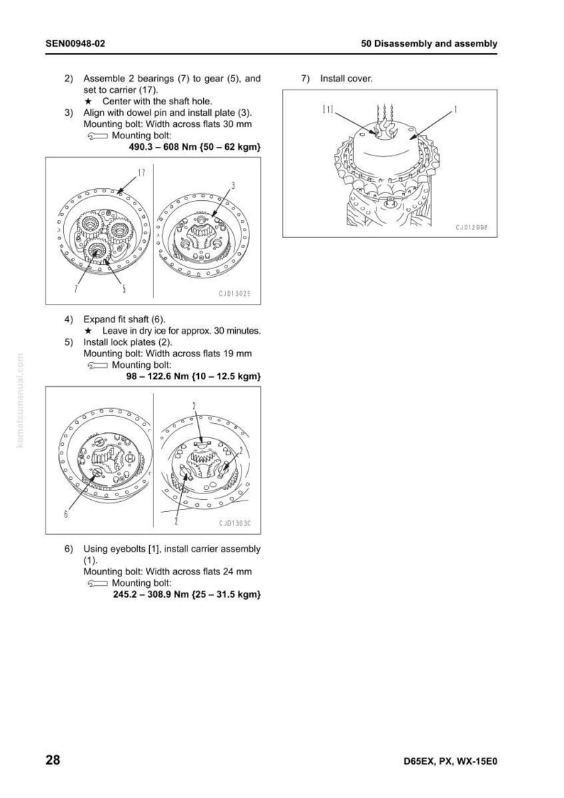 May include: Diagrams illustrating the disassembly and assembly of mechanical components. The image includes detailed drawings of parts, with measurements in millimeters and torque specifications in Newton-meters and kilogram-meters.