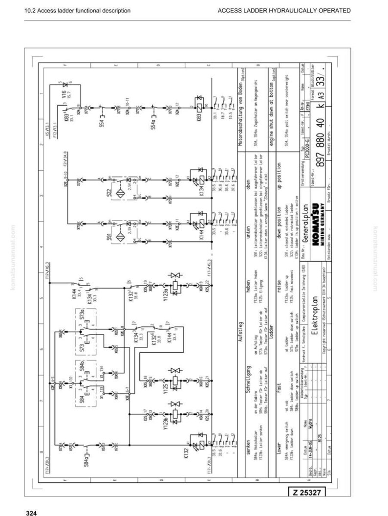 Puede incluir: Un diagrama esquem&aacute;tico detallado de un sistema de escalera de acceso de accionamiento hidr&aacute;ulico. El diagrama incluye componentes el&eacute;ctricos, cableado y etiquetas de texto en blanco y negro, con el logotipo de Komatsu visible.