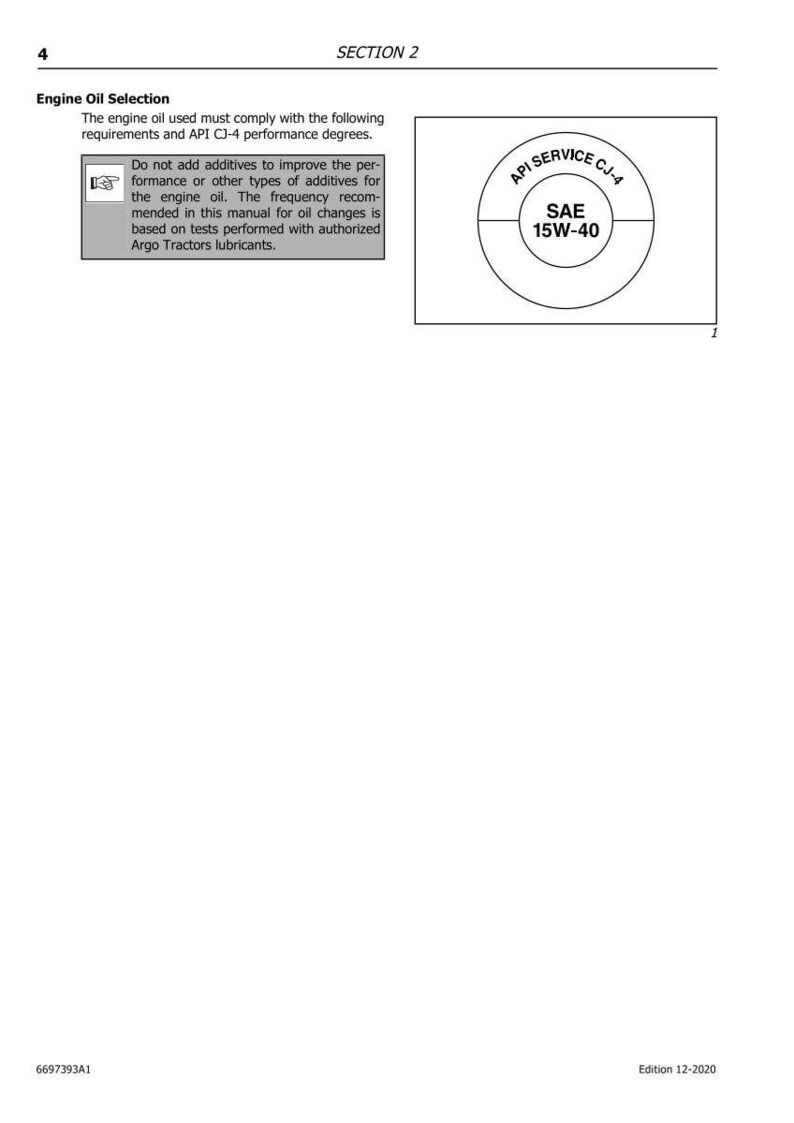 May include: A page from a manual with the title "Engine Oil Selection." It includes text about oil requirements and a circular graphic with "API SERVICE CJ-4" and "SAE 15W-40" in black text.