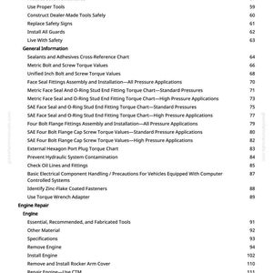May include: A page from a manual with a list of topics and page numbers. Topics include tractor safety, engine repair, and cooling systems. The text is in black on a white background.