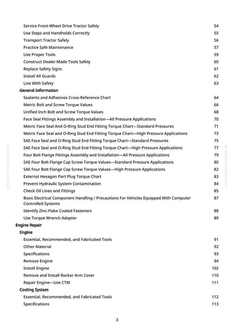May include: A page from a manual with a list of topics and page numbers. Topics include tractor safety, engine repair, and cooling systems. The text is in black on a white background.