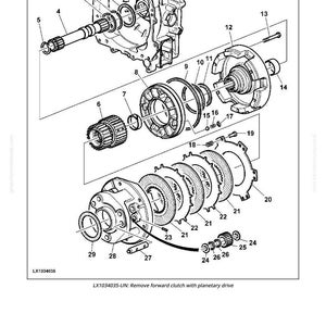 May include: An exploded diagram of a mechanical assembly, likely an automotive transmission component. The image shows various parts, including gears, shafts, and housings, with labels for each component. The text at the bottom reads "LX1034035-UN: Remove forward clutch with planetary drive."