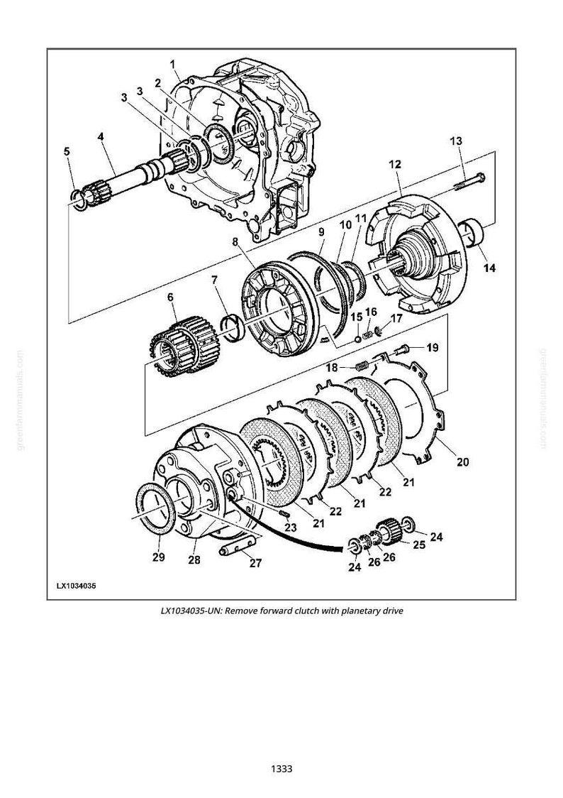 May include: An exploded diagram of a mechanical assembly, likely an automotive transmission component. The image shows various parts, including gears, shafts, and housings, with labels for each component. The text at the bottom reads "LX1034035-UN: Remove forward clutch with planetary drive."