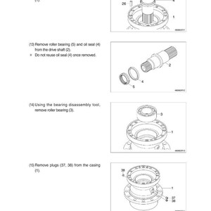 May include: Technical diagram illustrating mechanical components. Features a drive shaft, roller bearing, oil seal, and casing. Text instructions detail removal steps for various parts, including knock pins and plugs. The image is a technical illustration.