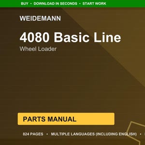 Pu&ograve; includere: Un manuale delle parti per la pala gommata Weidemann 4080 Basic Line. La copertina &egrave; una sfumatura di marrone e oro con il testo "WEIDEMANN" in alto. Il titolo "4080 Basic Line" &egrave; in grandi lettere bianche. Il manuale &egrave; di 824 pagine e include pi&ugrave; lingue.