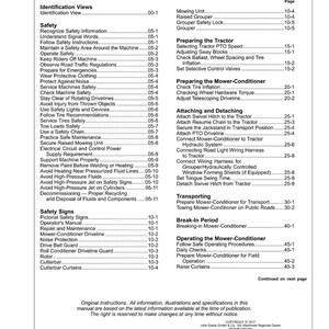 May include: A page from a manual titled "Contents" with a table of contents listing safety and operational procedures for a machine. The document includes sections on safety, tractor preparation, and mower-conditioner operation.