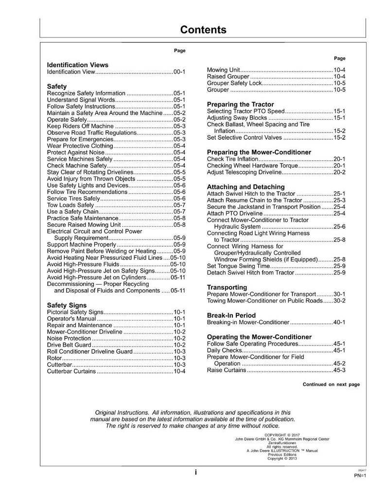 May include: A page from a manual titled "Contents" with a table of contents listing safety and operational procedures for a machine. The document includes sections on safety, tractor preparation, and mower-conditioner operation.