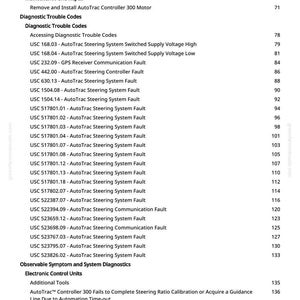 May include: A printed page from a manual, featuring a table of contents with headings like "Diagnostic Trouble Codes" and "Electronic Control Units." The text lists various system faults and diagnostic information.