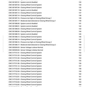 May include: A page from a manual lists diagnostic trouble codes for a Closing Wheel Controller (CWC) system. The codes include system status, air supply, and sensor voltage readings. The page numbers range from 129 to 168.