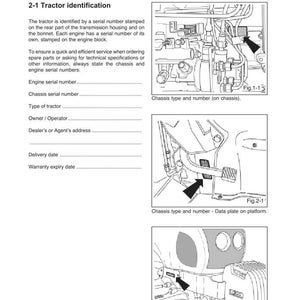 May include: Diagram of tractor parts with arrows pointing to key areas. Text includes "Sect. 2-Tractor identification & technical specifications" and "2-1 Tractor identification". The image also shows diagrams of the chassis and data plate.