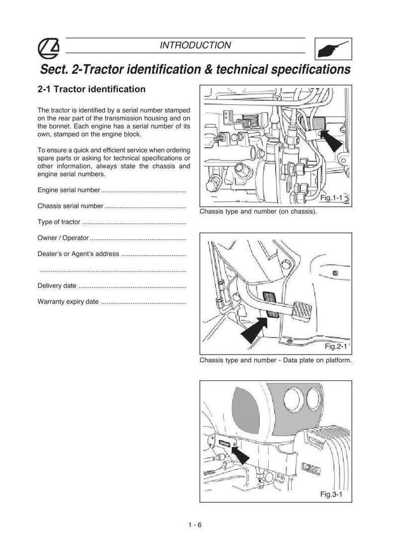 May include: Diagram of tractor parts with arrows pointing to key areas. Text includes "Sect. 2-Tractor identification & technical specifications" and "2-1 Tractor identification". The image also shows diagrams of the chassis and data plate.
