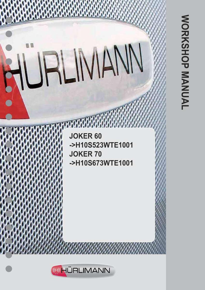 May include: A workshop manual with the H&uuml;rlimann logo. The cover features the brand name in large, black letters on a silver oval. Below, a white box lists "JOKER 60" and "JOKER 70" with model numbers. The background is a perforated metal.