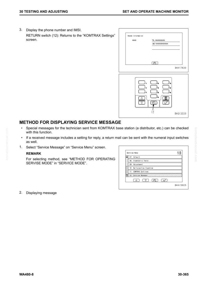 May include: A technical diagram with text and illustrations detailing machine monitor operations. The image includes screenshots of a display screen, control buttons, and menu options. The text provides instructions for displaying service messages.