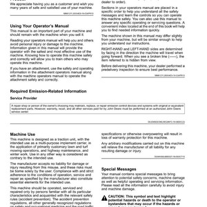 May include: A white and black printed manual from John Deere, with the title "Introduction". The manual provides information on machine use, safety, and required emission-related information. It includes a caution symbol.