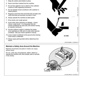 May include: Safety instructions for operating a mower-conditioner. The image includes safety guidelines, diagrams of hands, and a tractor with a mower. Text includes "Operate Safely" and "Maintain a Safety Area Around the Machine."