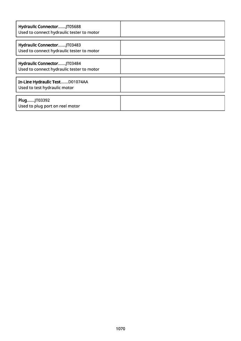 May include: A white background with a table of text. The table lists hydraulic connectors, in-line hydraulic tests, and a plug. Each item has a model number and a description of its use.