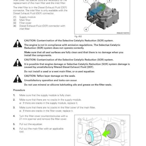 May include: Diagram of a supply module with a main filter, filter cover, and Diesel Exhaust Fluid (DEF) connector. Instructions detail replacing the main filter and inlet filter, including safety cautions about contamination and damage. A 27 mm spanner is used.