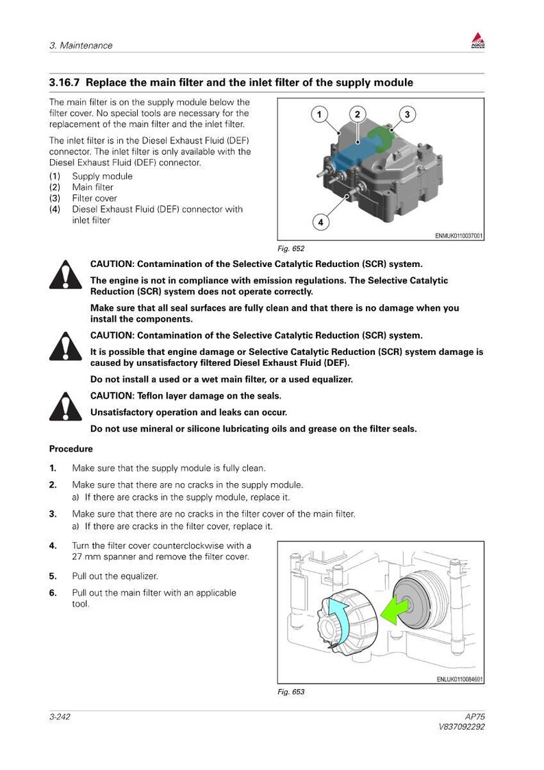 May include: Diagram of a supply module with a main filter, filter cover, and Diesel Exhaust Fluid (DEF) connector. Instructions detail replacing the main filter and inlet filter, including safety cautions about contamination and damage. A 27 mm spanner is used.