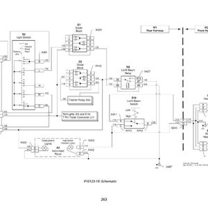 May include: A detailed schematic diagram of an electrical system, featuring various components like fuses, switches, relays, and connectors. The diagram includes labels and reference numbers for each part, with text at the bottom reading "P10123-19: Schematic".