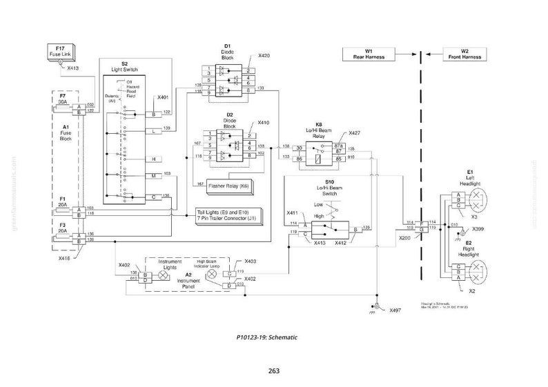 May include: A detailed schematic diagram of an electrical system, featuring various components like fuses, switches, relays, and connectors. The diagram includes labels and reference numbers for each part, with text at the bottom reading "P10123-19: Schematic".