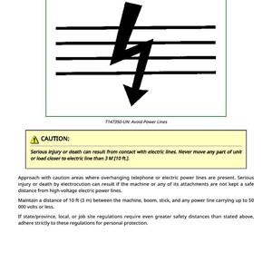 May include: A safety sign with the text "Avoid Power Lines". The image shows a black lightning bolt over horizontal black lines, indicating electrical hazards. The sign also includes a caution message about electric lines.