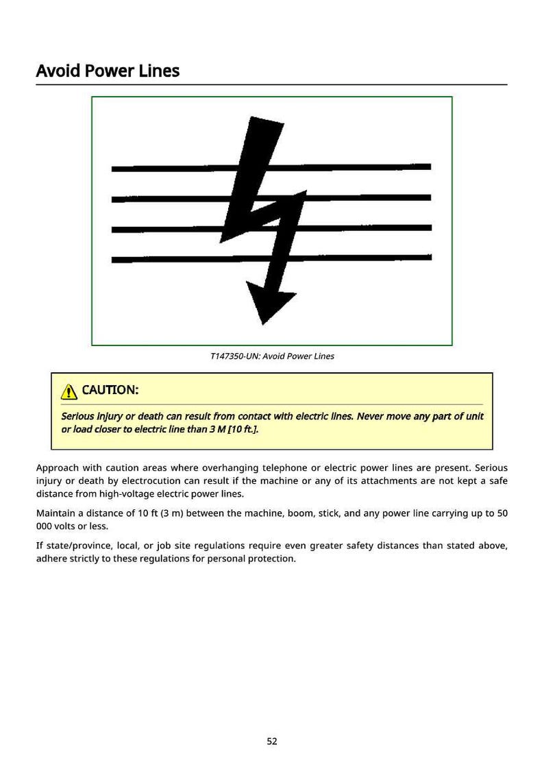 May include: A safety sign with the text "Avoid Power Lines". The image shows a black lightning bolt over horizontal black lines, indicating electrical hazards. The sign also includes a caution message about electric lines.