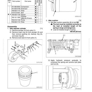 May include: Technical diagram with parts list for a PC700LC-8E0 machine. Includes illustrations of components like a compressor, extension, plate, spacer, cylinder, and pump. Instructions detail disassembly and assembly procedures.