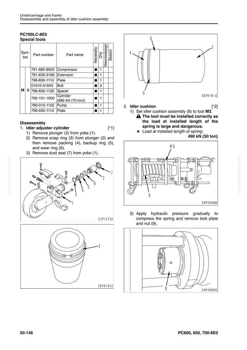 May include: Technical diagram with parts list for a PC700LC-8E0 machine. Includes illustrations of components like a compressor, extension, plate, spacer, cylinder, and pump. Instructions detail disassembly and assembly procedures.
