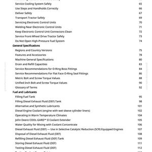 May include: A page from a manual with a table of contents. Topics include safety, fuel, and lubricants. The text is black on a white background, with page numbers on the right.